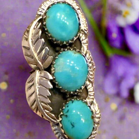 Three Stone Turquoise Sterling Silver Ring Size 9 - Picture 4 of 7